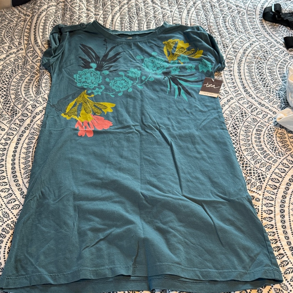 Tea Collection Teal Dress with Floral Accents